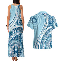 Bula Fiji Vintage Tapa Couples Matching Tank Maxi Dress and Hawaiian Shirt Kaivity Masi Wave Motifs - Turquoise