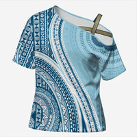 Bula Fiji Vintage Tapa Cross Shoulder Shirt Kaivity Masi Wave Motifs - Turquoise LT7 Female Turquoise - Polynesian Pride