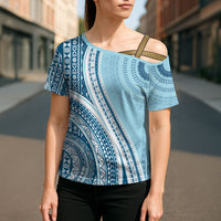 Bula Fiji Vintage Tapa Cross Shoulder Shirt Kaivity Masi Wave Motifs - Turquoise LT7 - Polynesian Pride