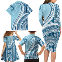 Bula Fiji Vintage Tapa Family Matching Long Sleeve Bodycon Dress and Hawaiian Shirt Kaivity Masi Wave Motifs - Turquoise