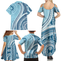 Bula Fiji Vintage Tapa Family Matching Summer Maxi Dress and Hawaiian Shirt Kaivity Masi Wave Motifs - Turquoise