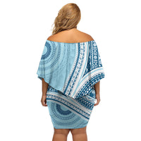 Bula Fiji Vintage Tapa Off Shoulder Short Dress Kaivity Masi Wave Motifs - Turquoise