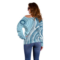 Bula Fiji Vintage Tapa Off Shoulder Sweater Kaivity Masi Wave Motifs - Turquoise LT7 - Polynesian Pride