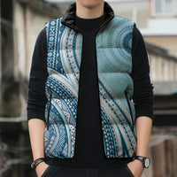 Bula Fiji Vintage Tapa Sleeveless Puffer Jacket Kaivity Masi Wave Motifs - Turquoise LT7 - Polynesian Pride