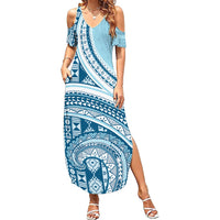 Bula Fiji Vintage Tapa Summer Maxi Dress Kaivity Masi Wave Motifs - Turquoise LT7 Women Turquoise - Polynesian Pride