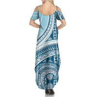 Bula Fiji Vintage Tapa Summer Maxi Dress Kaivity Masi Wave Motifs - Turquoise LT7 - Polynesian Pride