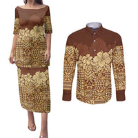 Niue Hiapo Motif Couples Matching Puletasi and Long Sleeve Button Shirt Tapa Classic LT7 Beige - Polynesian Pride