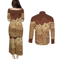 Niue Hiapo Motif Couples Matching Puletasi and Long Sleeve Button Shirt Tapa Classic LT7 - Polynesian Pride