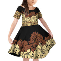 Niue Hiapo Motif Family Matching Off Shoulder Short Dress and Hawaiian Shirt Tapa Classic - Black Ver
