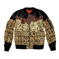 Niue Hiapo Motif Sleeve Zip Bomber Jacket Tapa Classic - Black Ver LT7 Unisex Black - Polynesian Pride