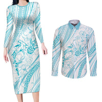 Sharks Couple Dreamy Polynesians Floral Sea Couples Matching Long Sleeve Bodycon Dress and Long Sleeve Button Shirt Turquoise - Polynesian Pride