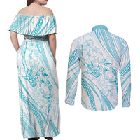Sharks Couple Dreamy Polynesians Floral Sea Couples Matching Off Shoulder Maxi Dress and Long Sleeve Button Shirt Turquoise - Polynesian Pride