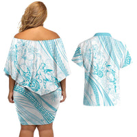 Sharks Couple Dreamy Polynesians Floral Sea Couples Matching Off Shoulder Short Dress and Hawaiian Shirt Turquoise - Polynesian Pride