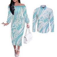 Sharks Couple Dreamy Polynesians Floral Sea Couples Matching Off The Shoulder Long Sleeve Dress and Long Sleeve Button Shirt Turquoise - Polynesian Pride