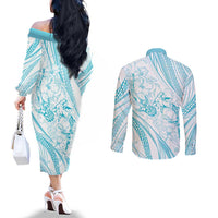 Sharks Couple Dreamy Polynesians Floral Sea Couples Matching Off The Shoulder Long Sleeve Dress and Long Sleeve Button Shirt Turquoise - Polynesian Pride