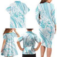 Sharks Couple Dreamy Polynesians Floral Sea Family Matching Long Sleeve Bodycon Dress and Hawaiian Shirt Turquoise - Polynesian Pride