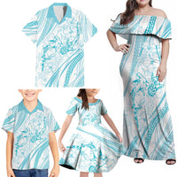 Sharks Couple Dreamy Polynesians Floral Sea Family Matching Off Shoulder Maxi Dress and Hawaiian Shirt Turquoise - Polynesian Pride