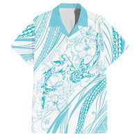 Sharks Couple Dreamy Polynesians Floral Sea Family Matching Off Shoulder Short Dress and Hawaiian Shirt Turquoise - Polynesian Pride