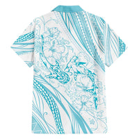 Sharks Couple Dreamy Polynesians Floral Sea Family Matching Off Shoulder Short Dress and Hawaiian Shirt Turquoise - Polynesian Pride