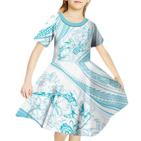 Sharks Couple Dreamy Polynesians Floral Sea Kid Short Sleeve Dress Turquoise LT7 - Polynesian Pride