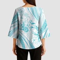 Sharks Couple Dreamy Polynesians Floral Sea Kimono Sleeve Blouse Turquoise LT7 - Polynesian Pride