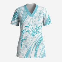 Sharks Couple Dreamy Polynesians Floral Sea Scrub Top Turquoise LT7 Adult Turquoise - Polynesian Pride