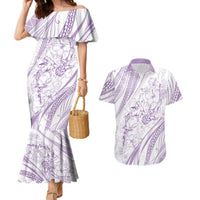 Sharks Couple Dreamy Polynesians Floral Sea Couples Matching Mermaid Dress and Hawaiian Shirt Lilac - Polynesian Pride