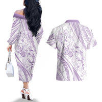 Sharks Couple Dreamy Polynesians Floral Sea Couples Matching Off The Shoulder Long Sleeve Dress and Hawaiian Shirt Lilac - Polynesian Pride