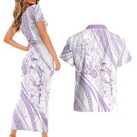 Sharks Couple Dreamy Polynesians Floral Sea Couples Matching Short Sleeve Bodycon Dress and Hawaiian Shirt Lilac - Polynesian Pride