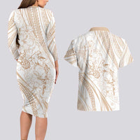Sharks Couple Dreamy Polynesians Floral Sea Couples Matching Long Sleeve Bodycon Dress and Hawaiian Shirt Hazel - Polynesian Pride