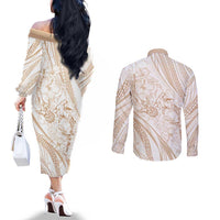 Sharks Couple Dreamy Polynesians Floral Sea Couples Matching Off The Shoulder Long Sleeve Dress and Long Sleeve Button Shirt Hazel - Polynesian Pride
