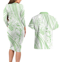 Sharks Couple Dreamy Polynesians Floral Sea Couples Matching Long Sleeve Bodycon Dress and Hawaiian Shirt Emerald - Polynesian Pride