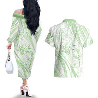 Sharks Couple Dreamy Polynesians Floral Sea Couples Matching Off The Shoulder Long Sleeve Dress and Hawaiian Shirt Emerald - Polynesian Pride