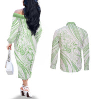 Sharks Couple Dreamy Polynesians Floral Sea Couples Matching Off The Shoulder Long Sleeve Dress and Long Sleeve Button Shirt Emerald - Polynesian Pride