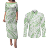Sharks Couple Dreamy Polynesians Floral Sea Couples Matching Puletasi and Long Sleeve Button Shirt Emerald - Polynesian Pride