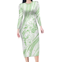Sharks Couple Dreamy Polynesians Floral Sea Long Sleeve Bodycon Dress Emerald - Polynesian Pride