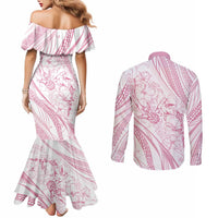 Sharks Couple Dreamy Polynesians Floral Sea Couples Matching Mermaid Dress and Long Sleeve Button Shirt Pink - Polynesian Pride