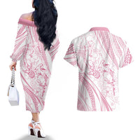 Sharks Couple Dreamy Polynesians Floral Sea Couples Matching Off The Shoulder Long Sleeve Dress and Hawaiian Shirt Pink - Polynesian Pride