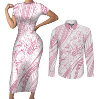 Sharks Couple Dreamy Polynesians Floral Sea Couples Matching Short Sleeve Bodycon Dress and Long Sleeve Button Shirt Pink - Polynesian Pride