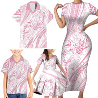 Sharks Couple Dreamy Polynesians Floral Sea Family Matching Short Sleeve Bodycon Dress and Hawaiian Shirt Pink - Polynesian Pride