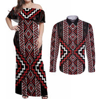 Red Tukutuku Pattern Aotearoa Couples Matching Off Shoulder Maxi Dress and Long Sleeve Button Shirt Niho Taniwha and Puhoro Motifs LT7 Red - Polynesian Pride