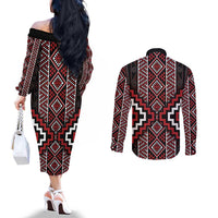 Red Tukutuku Pattern Aotearoa Couples Matching Off The Shoulder Long Sleeve Dress and Long Sleeve Button Shirt Niho Taniwha and Puhoro Motifs