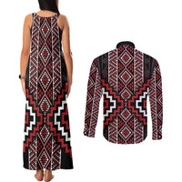 Red Tukutuku Pattern Aotearoa Couples Matching Tank Maxi Dress and Long Sleeve Button Shirt Niho Taniwha and Puhoro Motifs