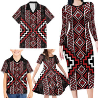 Red Tukutuku Pattern Aotearoa Family Matching Long Sleeve Bodycon Dress and Hawaiian Shirt Niho Taniwha and Puhoro Motifs