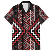 Red Tukutuku Pattern Aotearoa Family Matching Off Shoulder Short Dress and Hawaiian Shirt Niho Taniwha and Puhoro Motifs