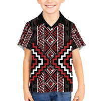 Red Tukutuku Pattern Aotearoa Kid Hawaiian Shirt Niho Taniwha and Puhoro Motifs