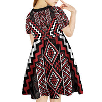 Red Tukutuku Pattern Aotearoa Kid Short Sleeve Dress Niho Taniwha and Puhoro Motifs