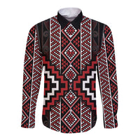 Red Tukutuku Pattern Aotearoa Long Sleeve Button Shirt Niho Taniwha and Puhoro Motifs LT7 Unisex Red - Polynesian Pride