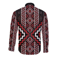 Red Tukutuku Pattern Aotearoa Long Sleeve Button Shirt Niho Taniwha and Puhoro Motifs LT7 - Polynesian Pride