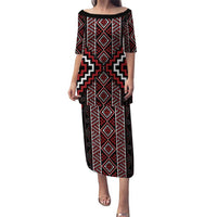 Red Tukutuku Pattern Aotearoa Puletasi Niho Taniwha and Puhoro Motifs LT7 Long Dress Red - Polynesian Pride